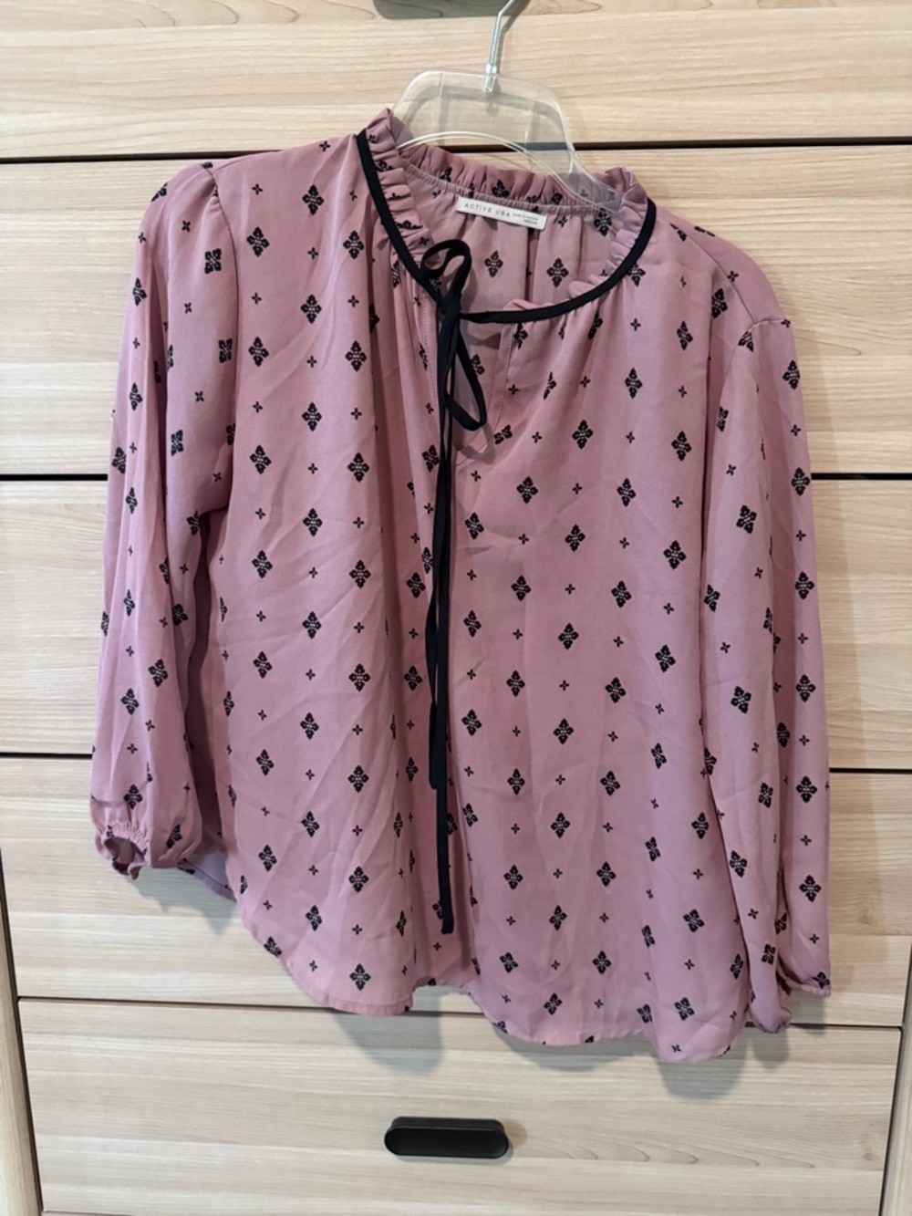 Active USA Mauve Pink Printed Tie-Neck Blouse with Black Trim